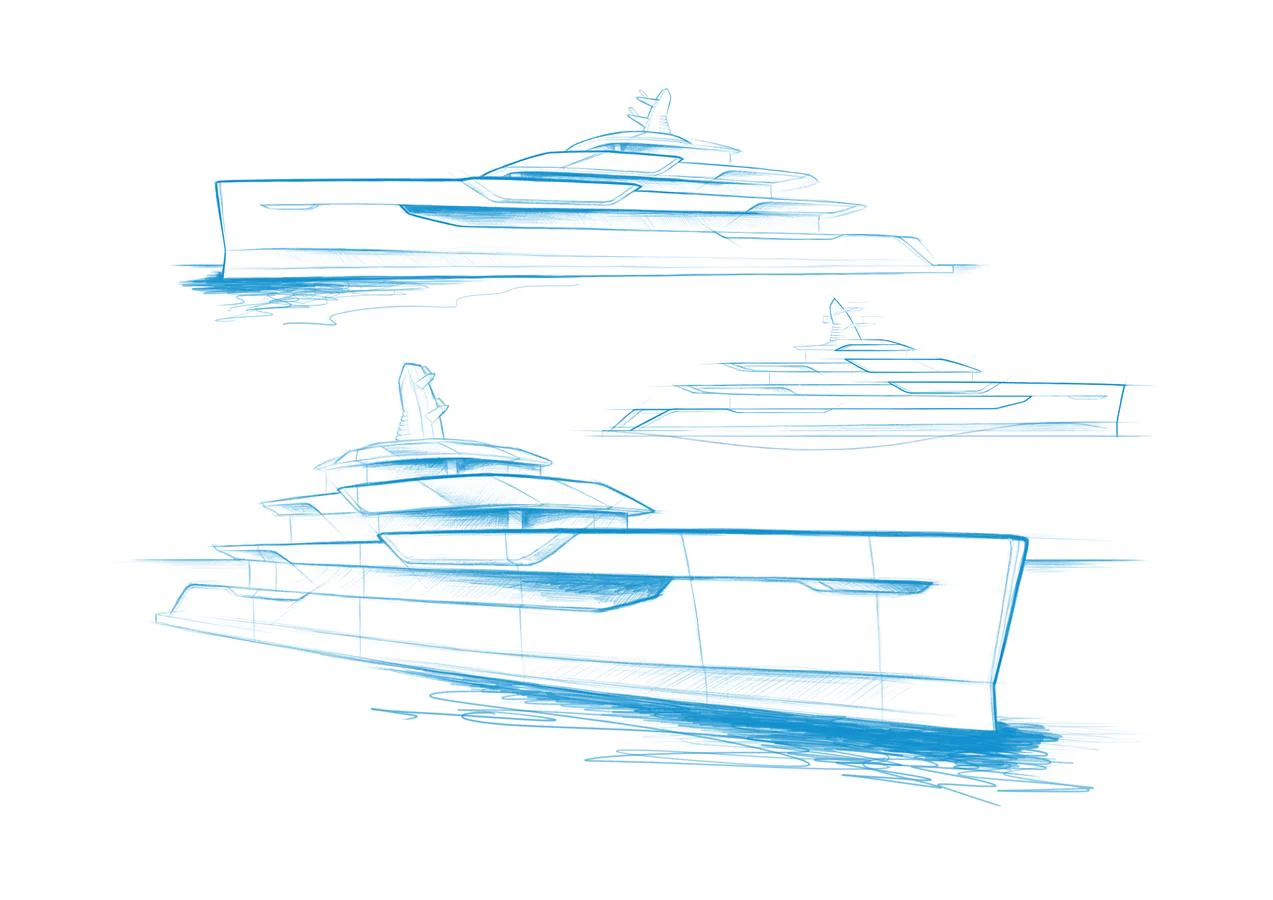 A conceptual sketch of a modern yacht design, showcasing sleek lines and innovative structure. aboard ABOVE + BEYOND Yacht for Sale