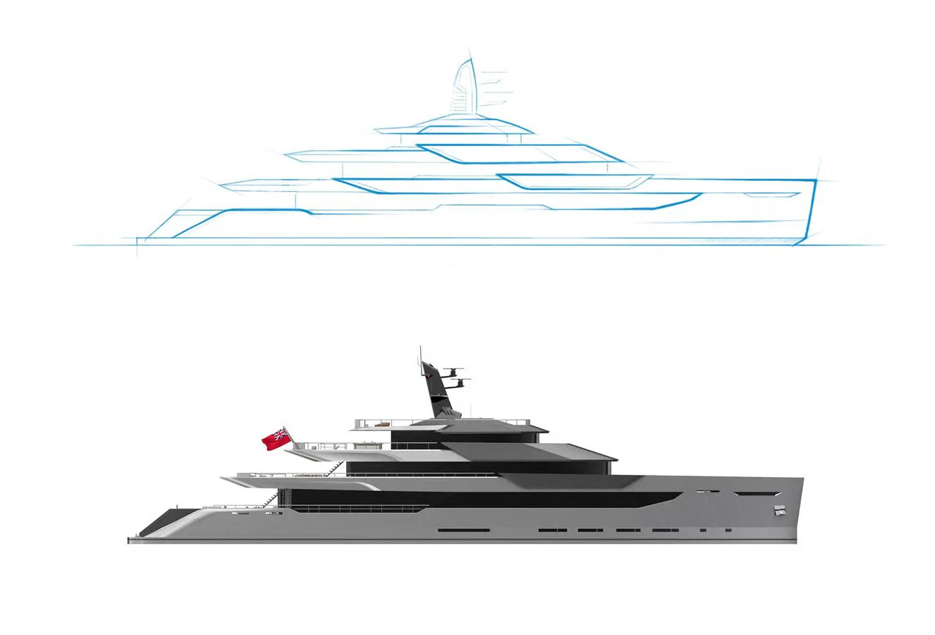 A sleek and modern yacht design showcasing a detailed side profile and a conceptual sketch above. aboard ABOVE + BEYOND Yacht for Sale
