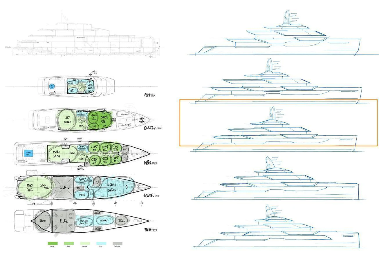 This image showcases detailed architectural plans and side profiles of a yacht design. aboard ABOVE + BEYOND Yacht for Sale