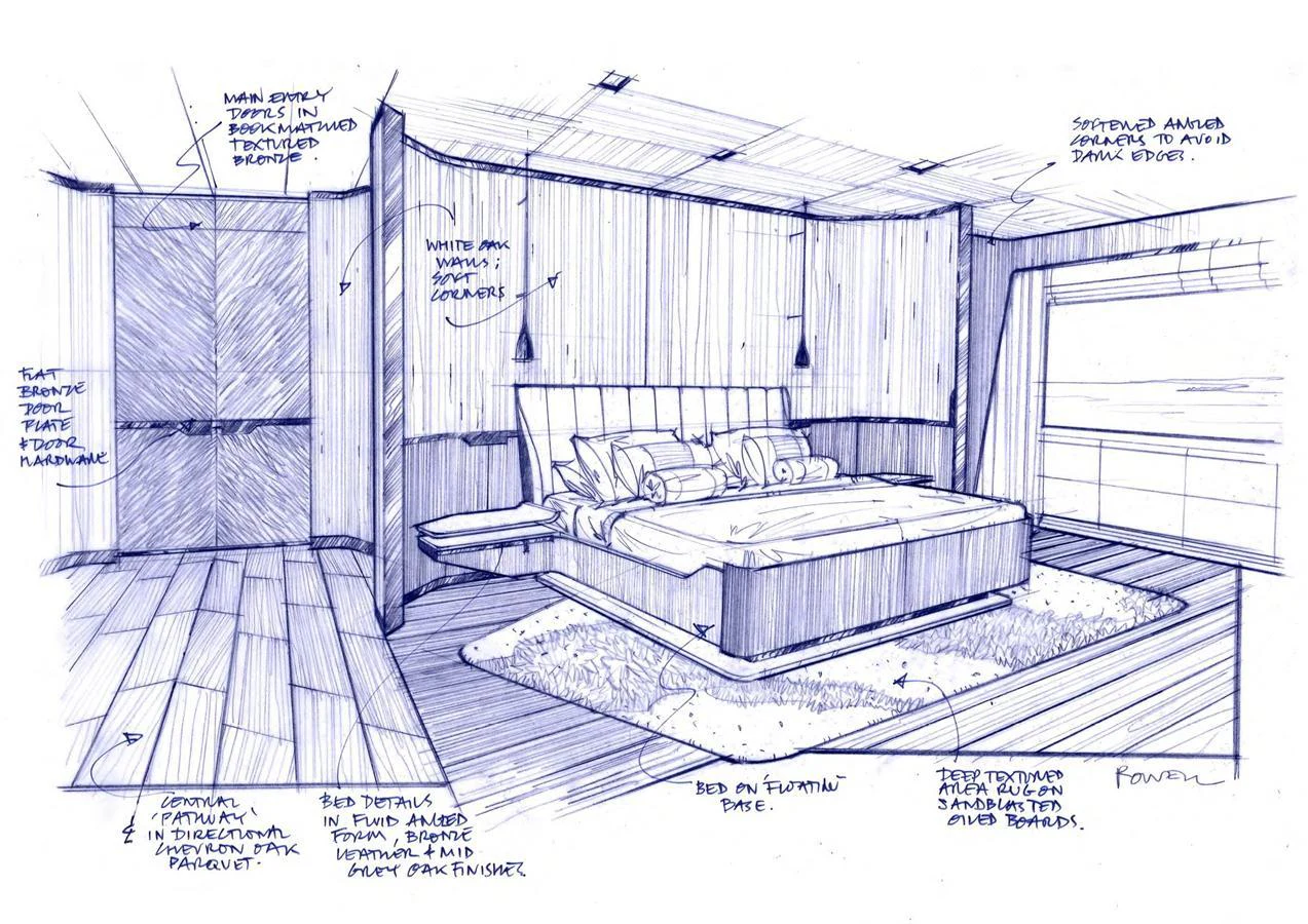A detailed sketch of a luxurious stateroom with a modern design and elegant furnishings. aboard ABOVE + BEYOND Yacht for Sale