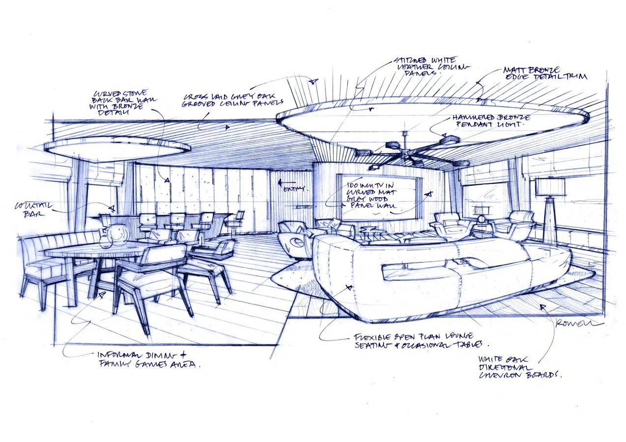 A detailed sketch of a luxurious yacht salon with ample seating and elegant design elements. aboard ABOVE + BEYOND Yacht for Sale