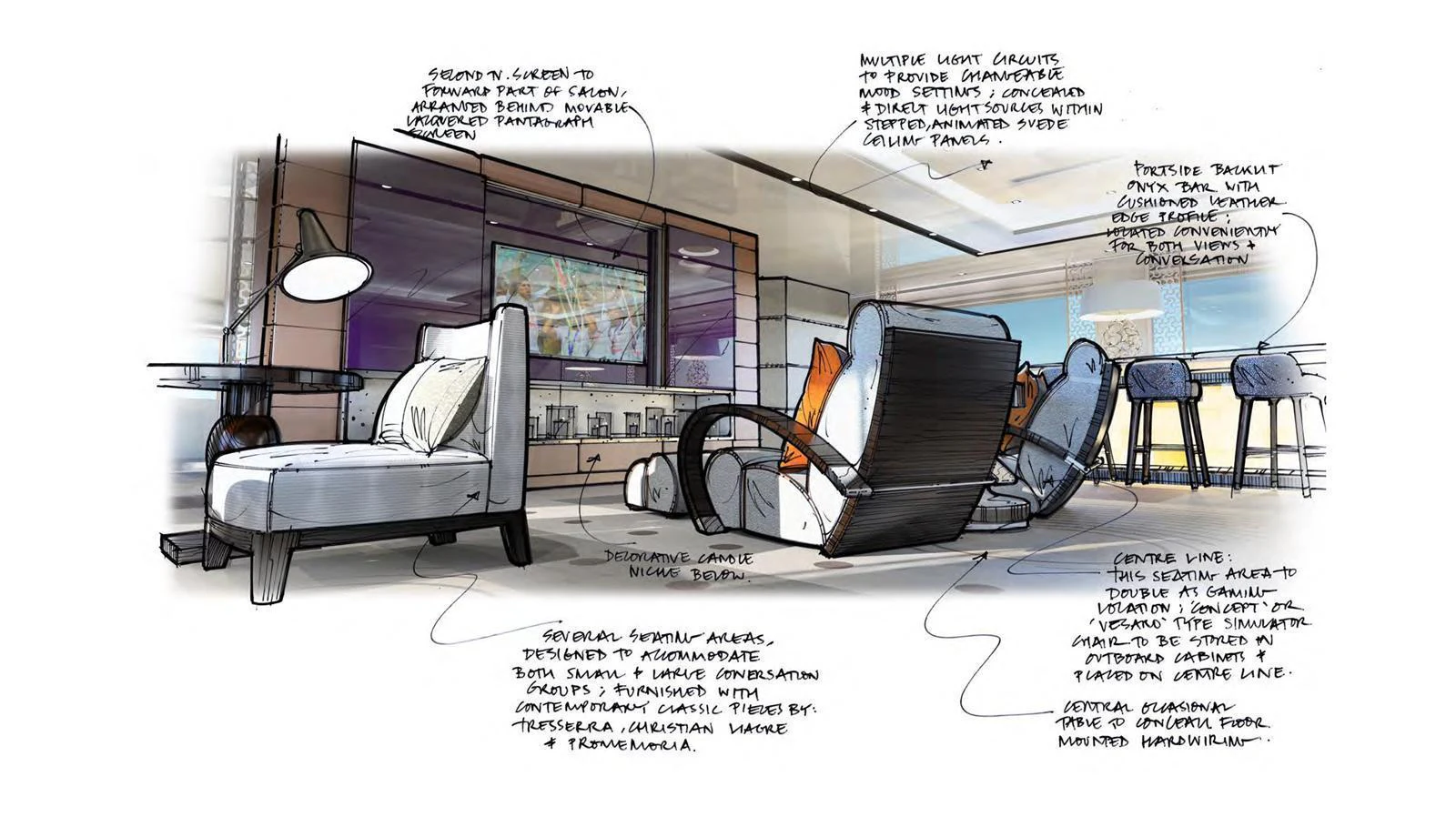 A beautifully sketched salon area showcasing modern furnishings and expansive windows. aboard ABOVE + BEYOND Yacht for Sale