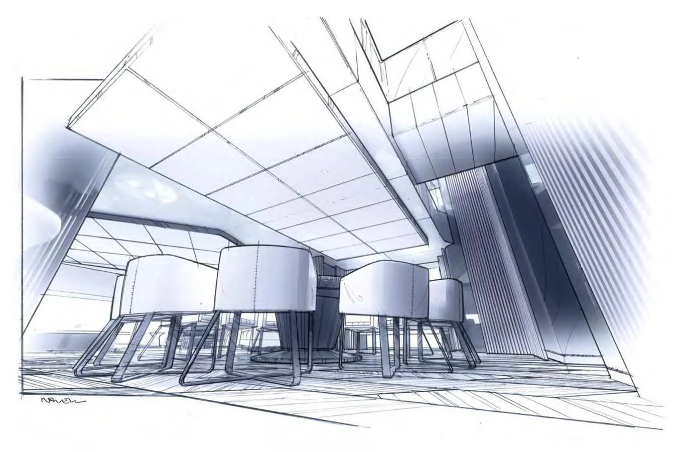 A conceptual sketch of a modern yacht's interior dining area with sleek, contemporary design elements. aboard ABOVE + BEYOND Yacht for Sale