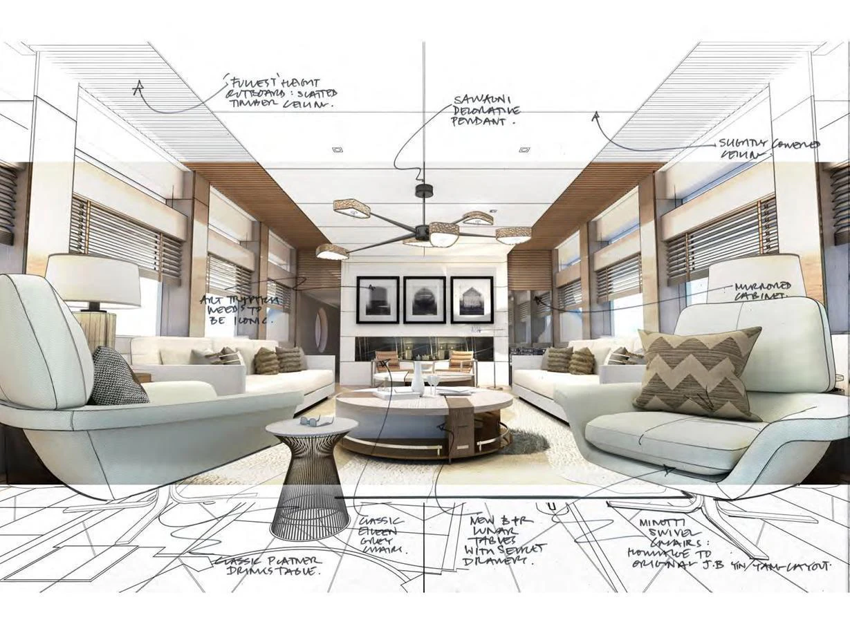 The salon features a sophisticated design with ample seating and elegant decor. aboard ABOVE + BEYOND Yacht for Sale