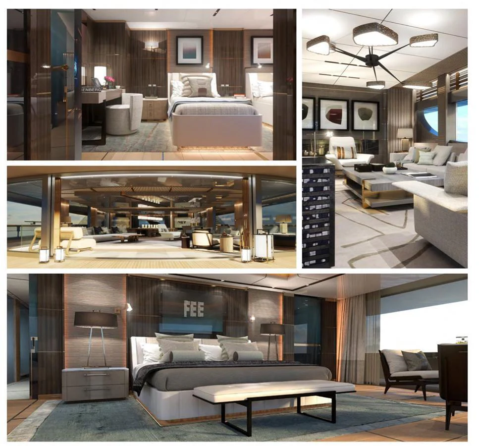 The yacht's interior features a luxurious master stateroom and a spacious salon with elegant furnishings. aboard ABOVE + BEYOND Yacht for Sale