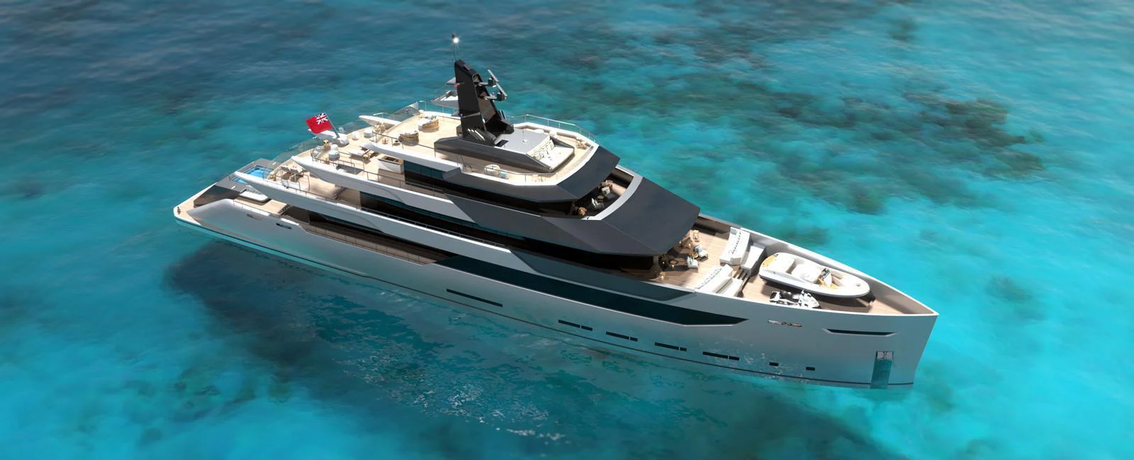 A sleek and modern yacht glides over crystal-clear turquoise waters, showcasing its elegant design and luxurious amenities. aboard ABOVE + BEYOND Yacht for Sale