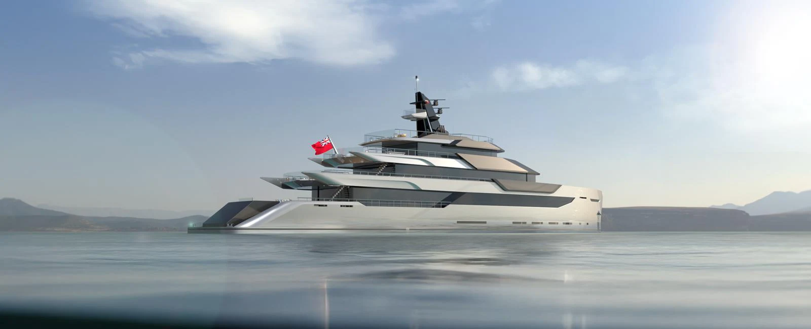 A sleek and modern yacht glides gracefully on calm waters under a clear sky. aboard ABOVE + BEYOND Yacht for Sale