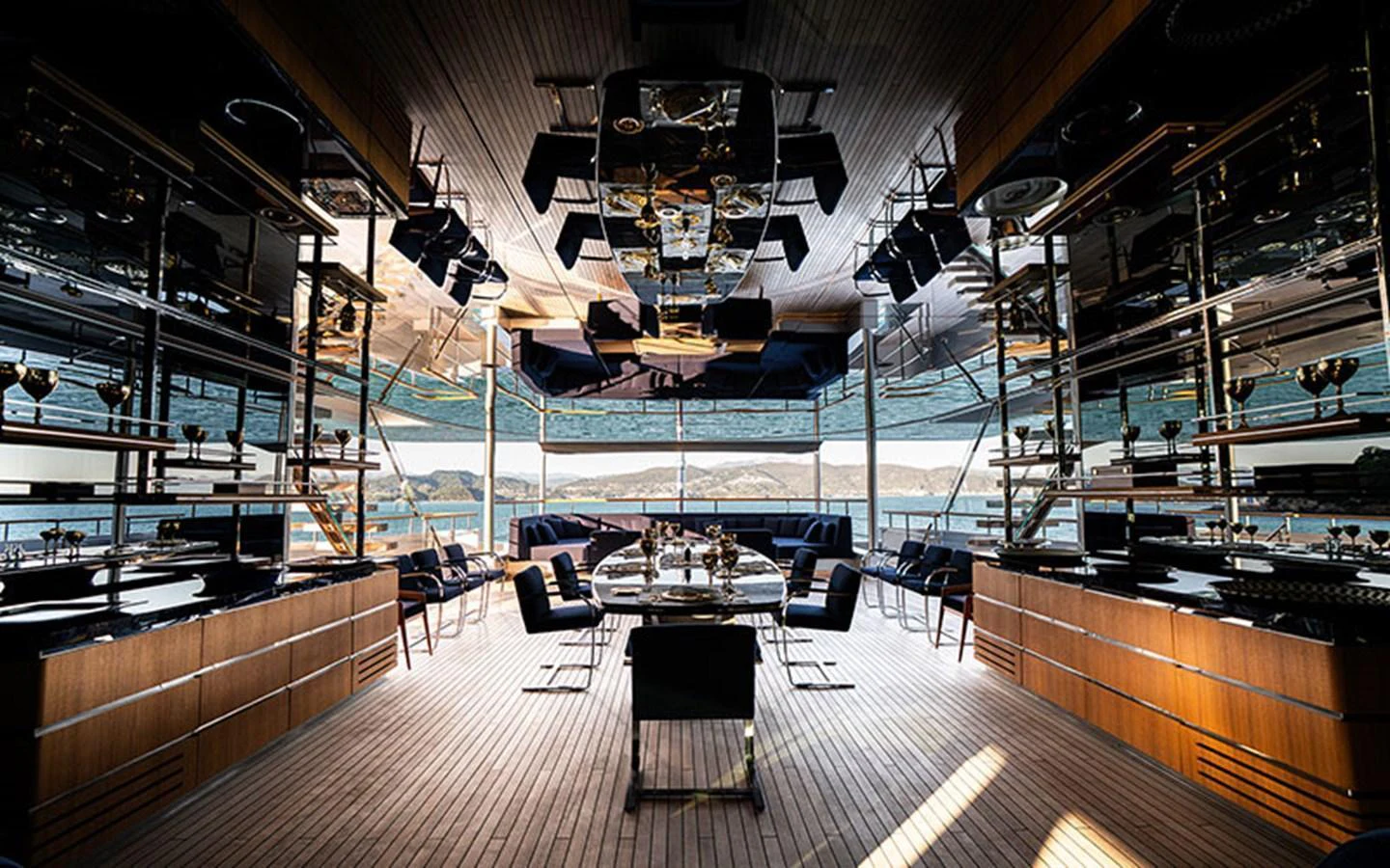 A luxurious dining area with panoramic views and elegant furnishings. aboard REGINA D'ITALIA Yacht for Sale
