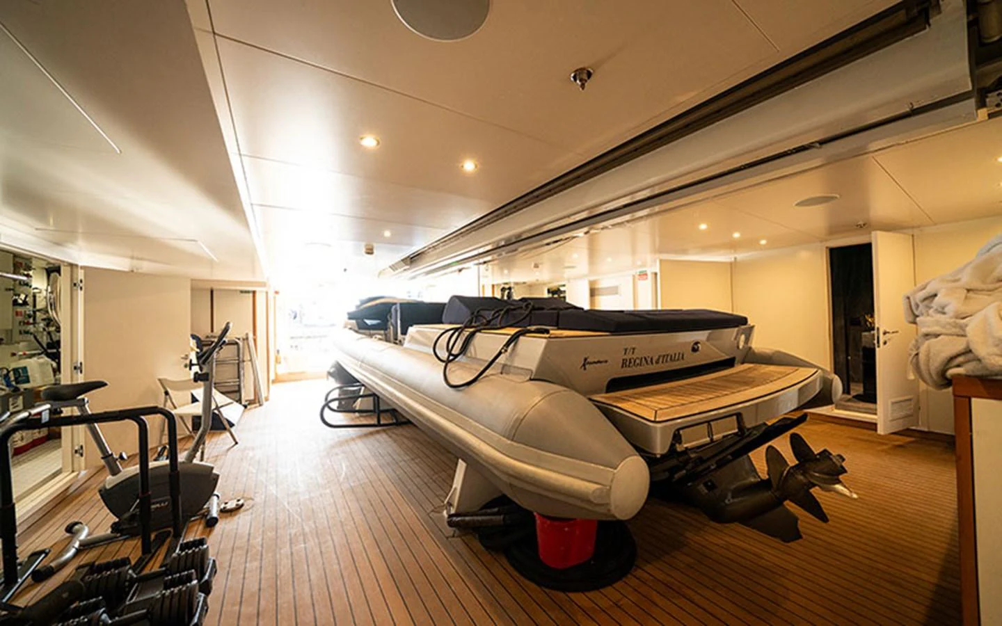The yacht's tender garage houses a sleek tender boat, ready for excursions. aboard REGINA D'ITALIA Yacht for Sale
