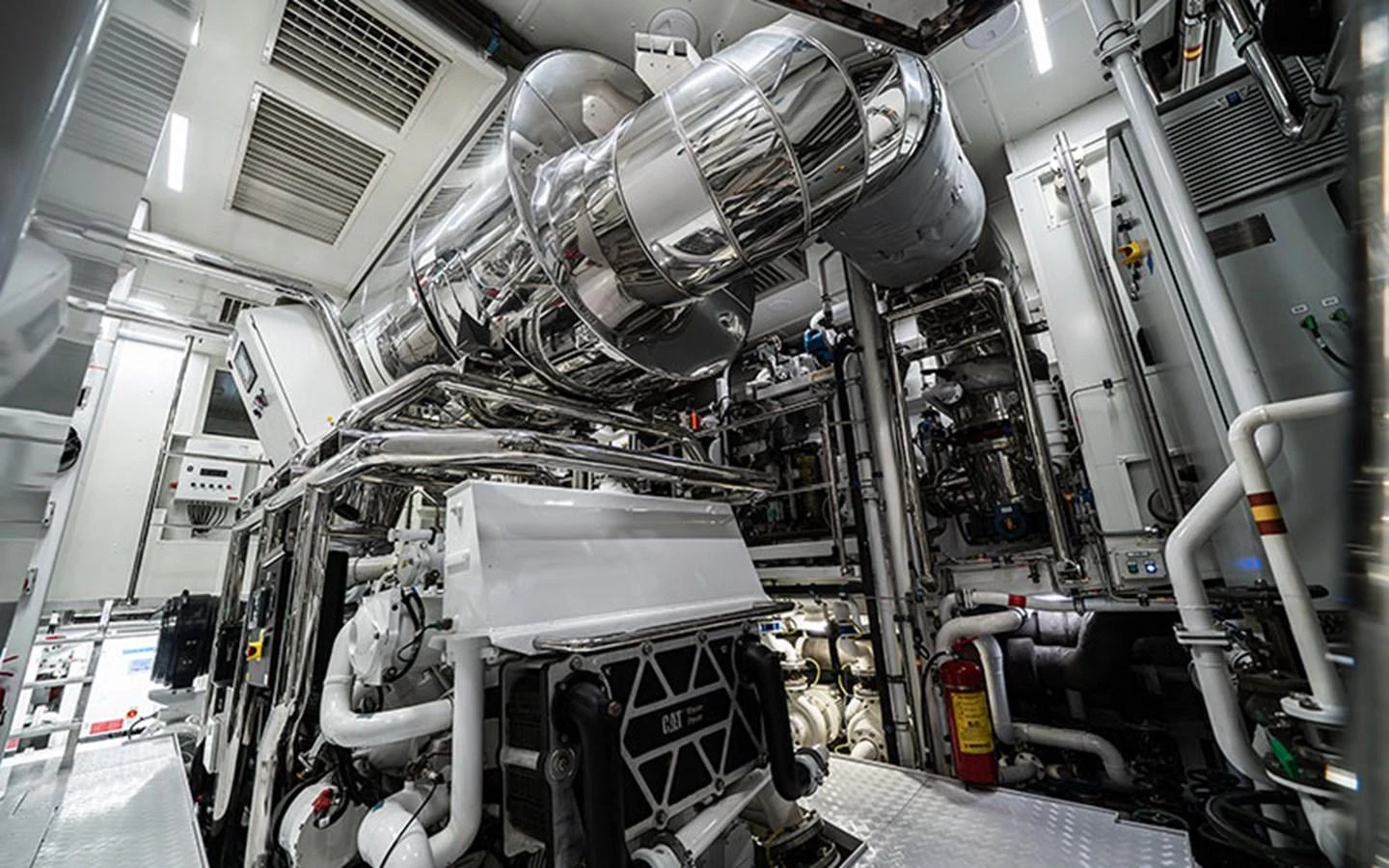 The yacht's engine room showcases advanced machinery and a pristine, well-organized layout. aboard REGINA D'ITALIA Yacht for Sale