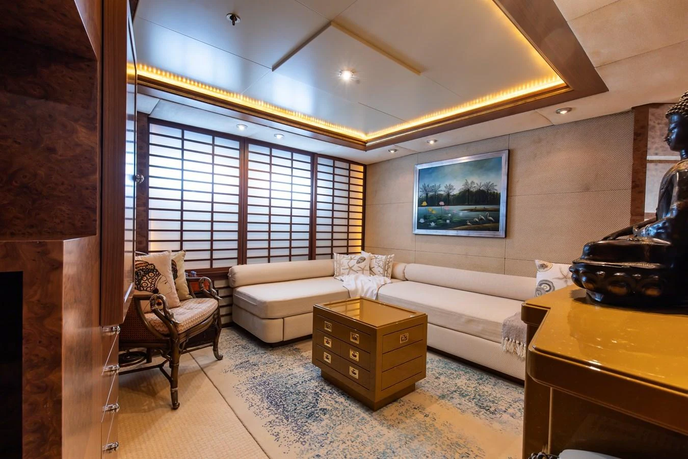 The salon features elegant furnishings and a serene ambiance, perfect for relaxation. aboard LADY MARINA Yacht for Sale