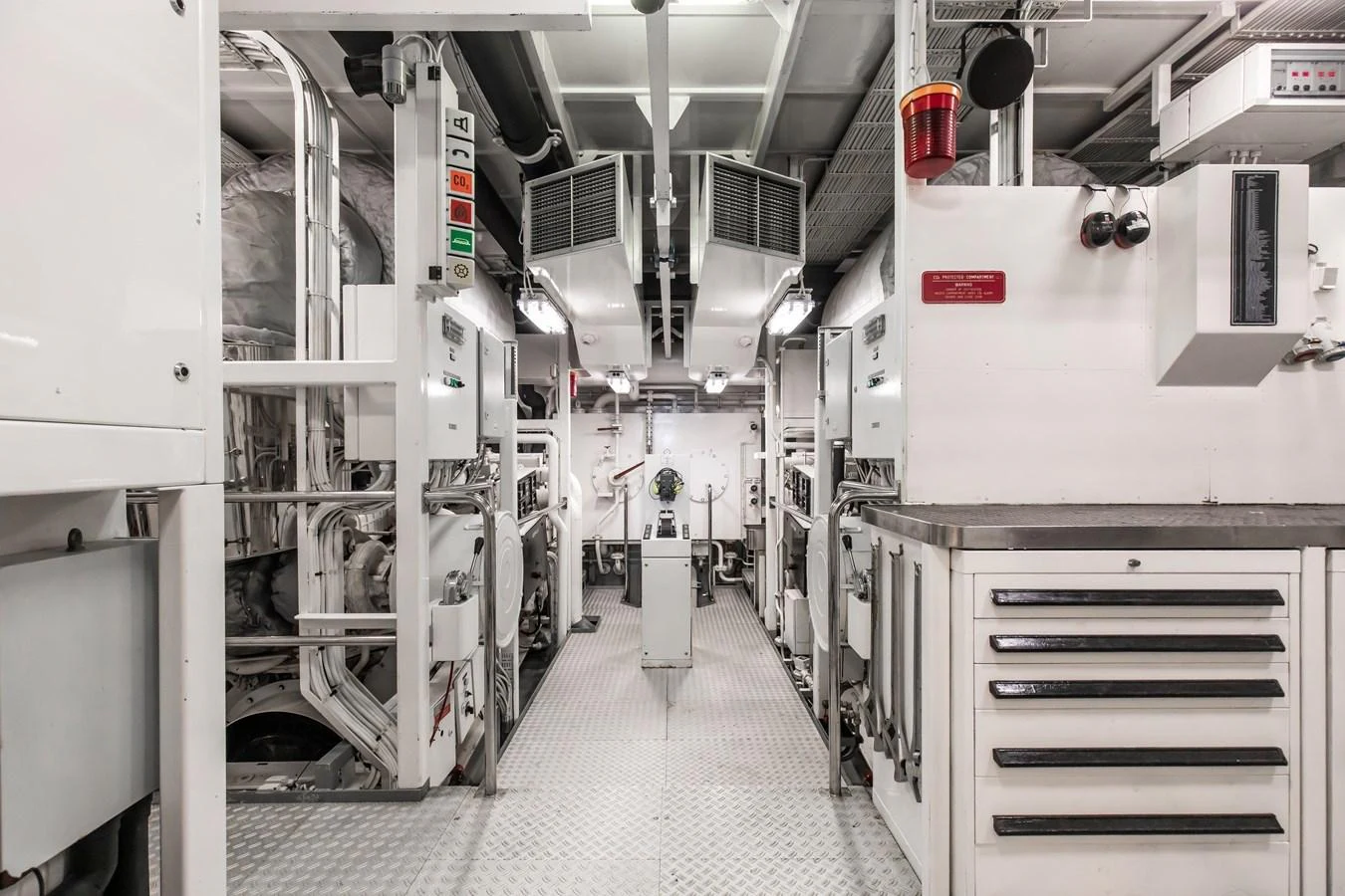 The yacht's engine room is meticulously organized and equipped with advanced machinery. aboard LADY MARINA Yacht for Sale