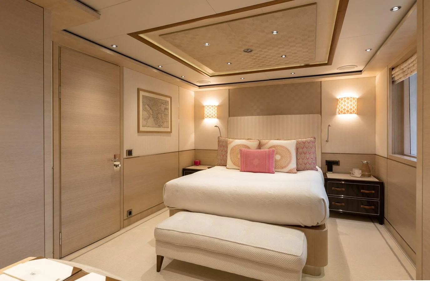The stateroom exudes luxury with its elegant decor and plush bedding. aboard BATON ROUGE Yacht for Sale