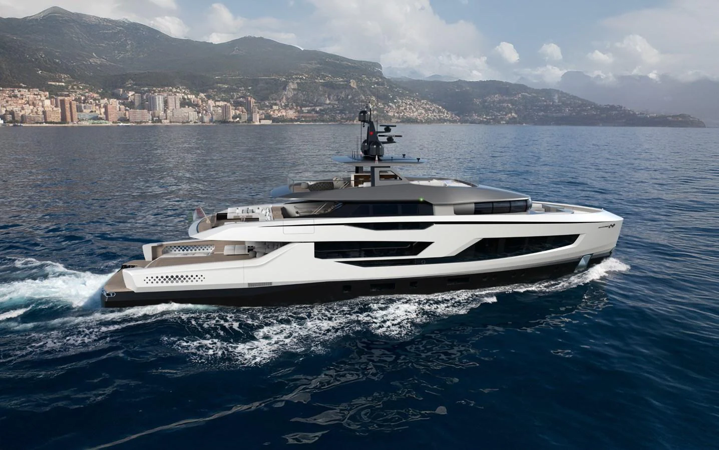 A sleek and modern yacht cruises through calm waters with a scenic coastal backdrop. aboard NOVA 40 Yacht for Sale