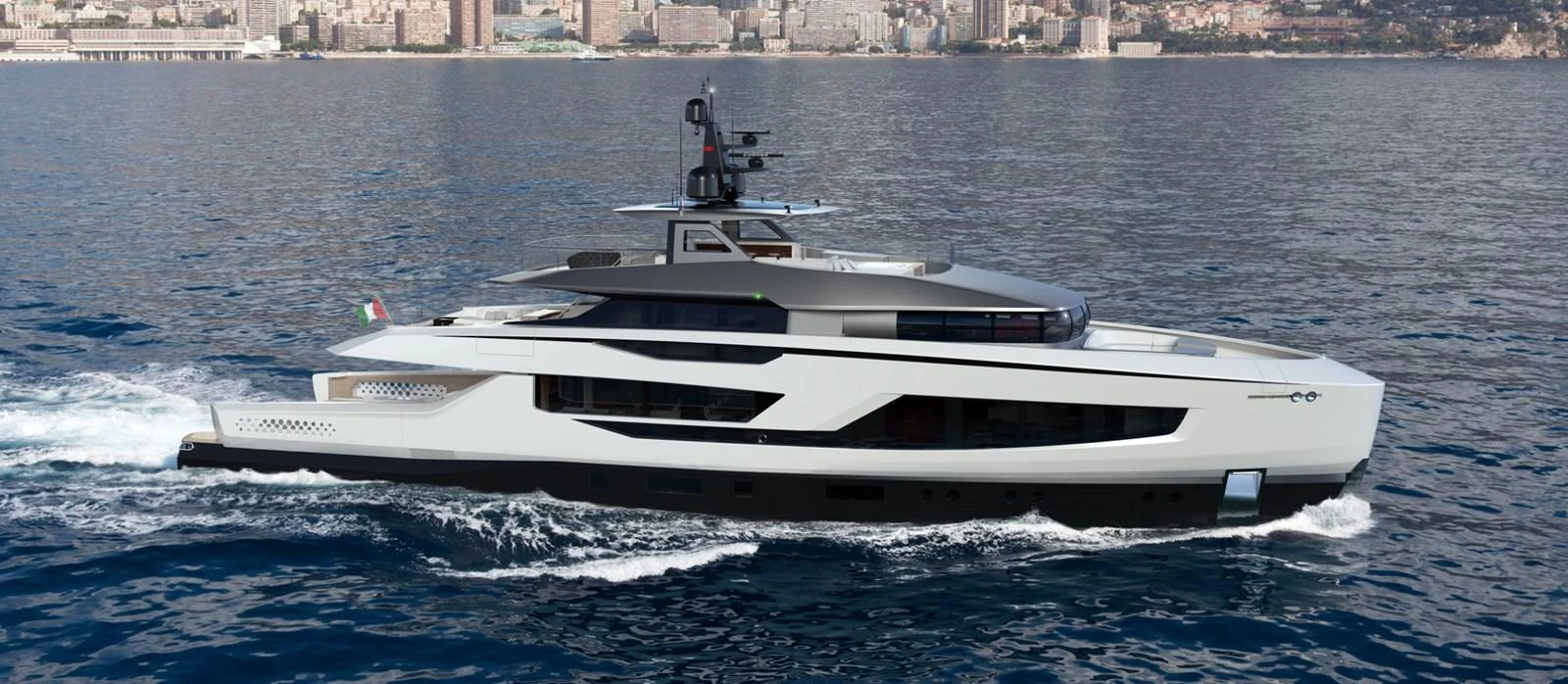 A sleek and modern yacht cruises through calm waters with a cityscape in the background. aboard NOVA 40 Yacht for Sale