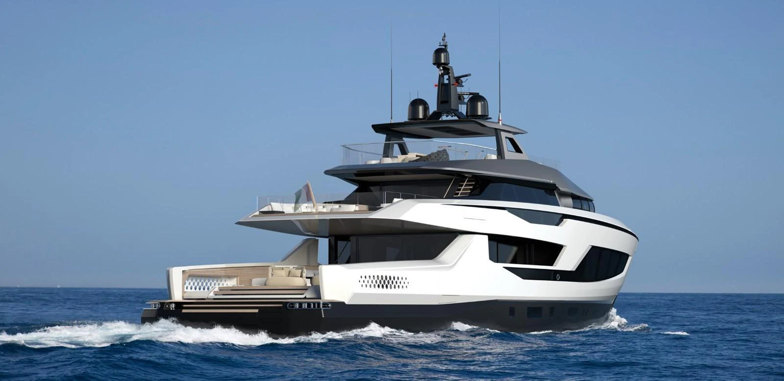 A sleek and modern yacht cruising on the open sea under a clear blue sky. aboard NOVA 40 Yacht for Sale