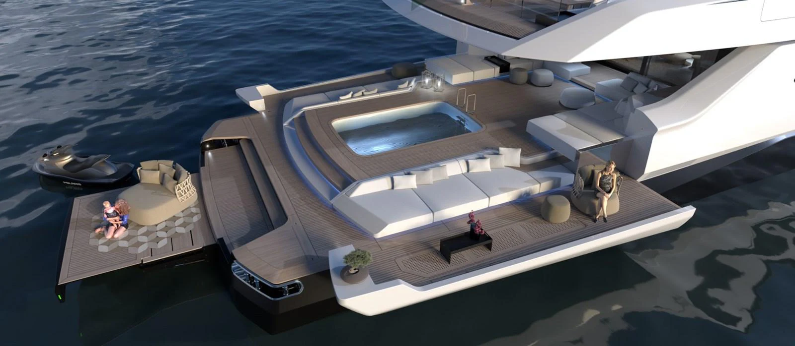 The aft deck features a luxurious lounging area with a central pool, perfect for relaxation and entertainment. aboard NOVA 40 Yacht for Sale