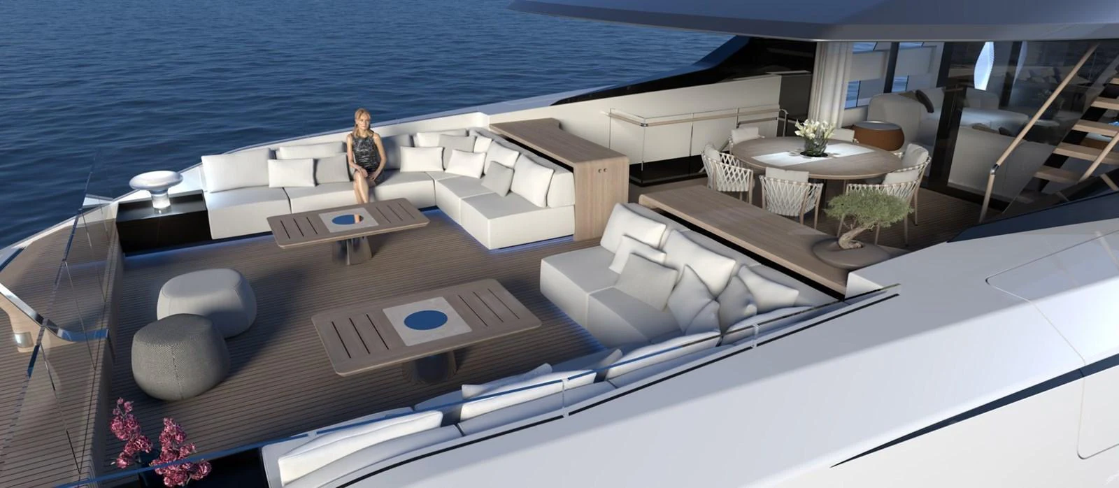 The aft deck offers a spacious and luxurious outdoor seating area with elegant furnishings and a stunning view of the water. aboard NOVA 40 Yacht for Sale