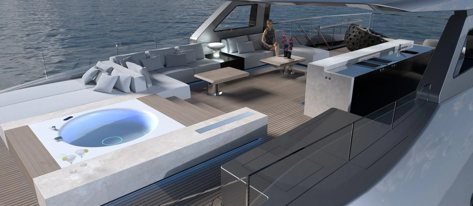 The aft deck features a luxurious seating area with a jacuzzi and modern amenities, perfect for relaxation and entertainment. aboard NOVA 40 Yacht for Sale