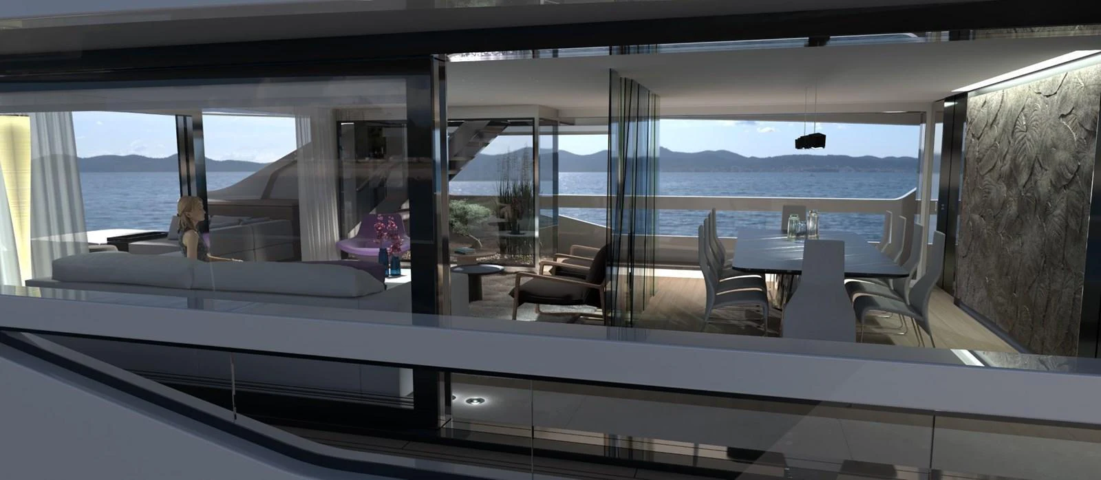 The image showcases a luxurious and modern interior space with a dining area and lounge, featuring large windows that offer stunning ocean views. aboard NOVA 40 Yacht for Sale