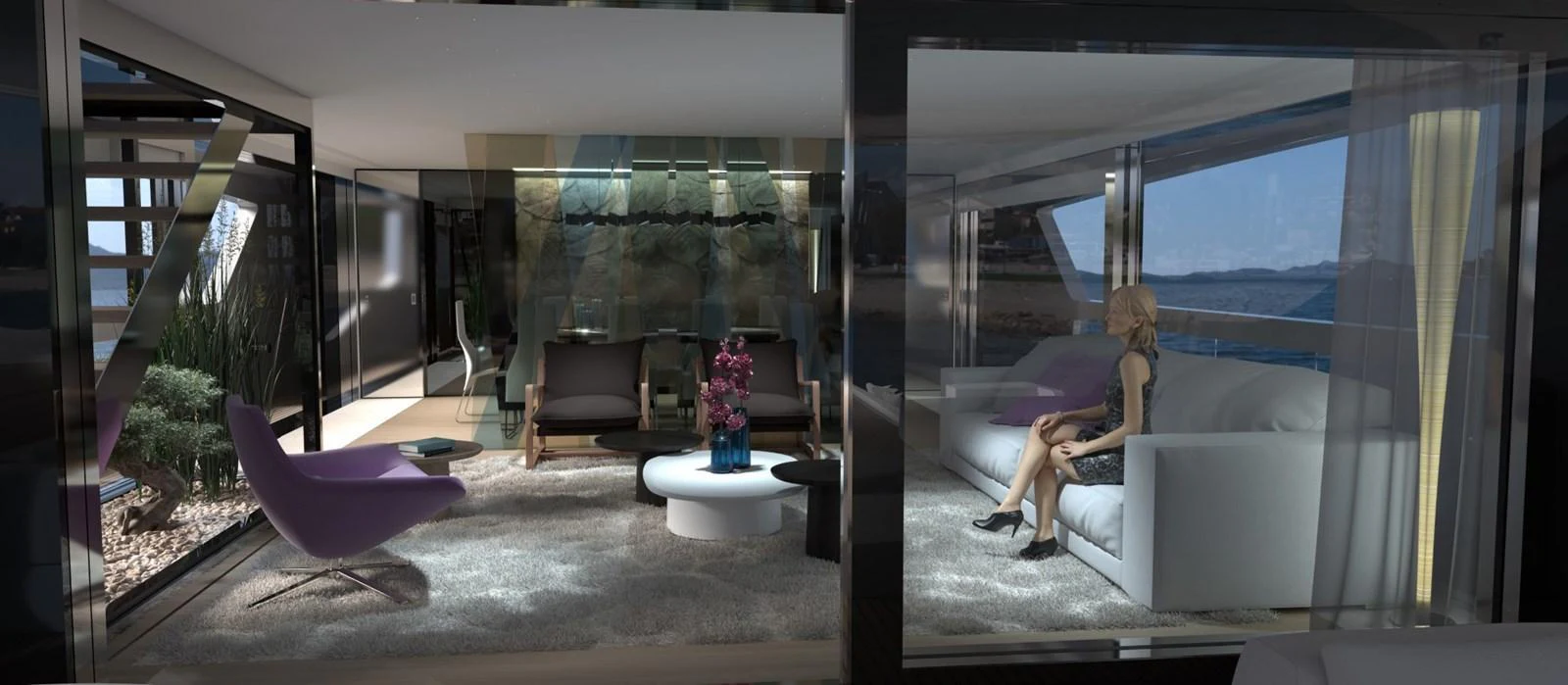 The yacht's interior features a modern and luxurious living area with ample natural light and elegant furnishings. aboard NOVA 40 Yacht for Sale