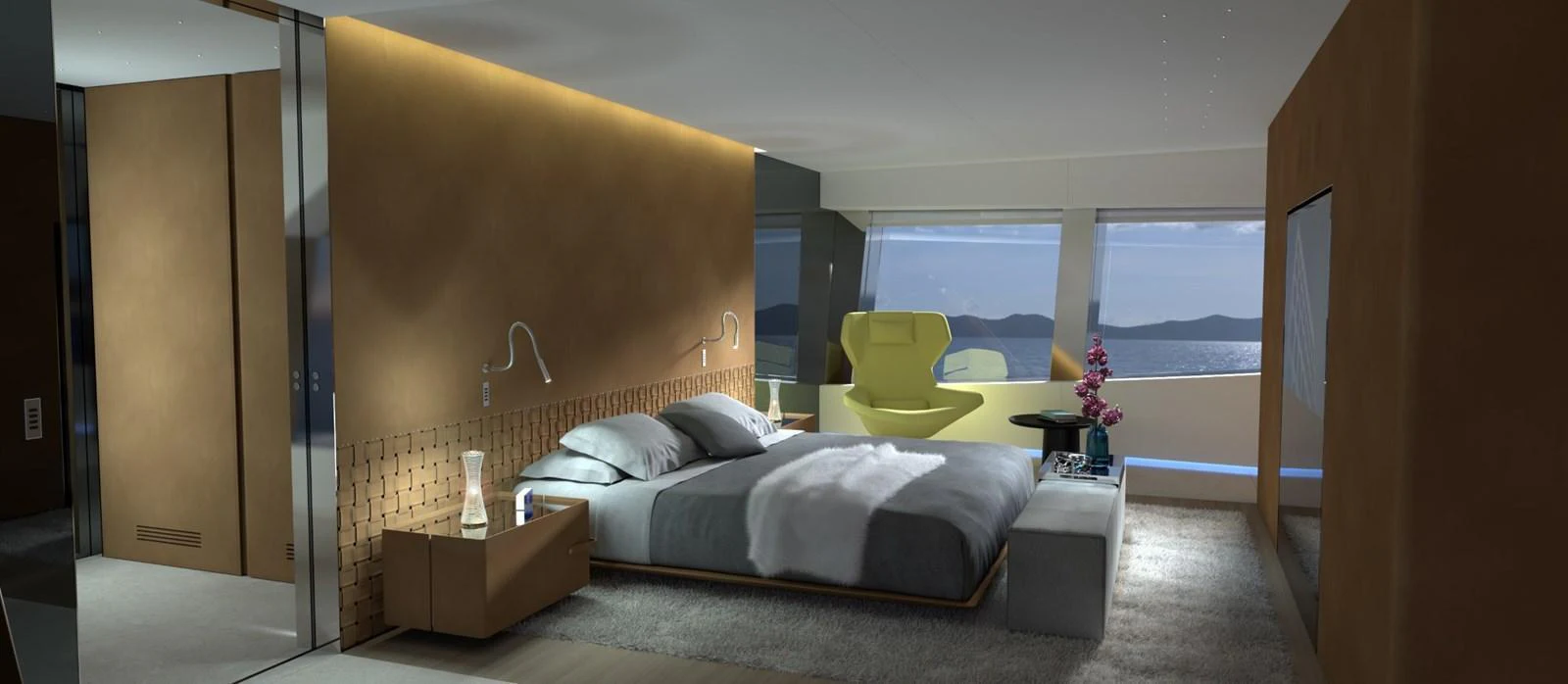 The master stateroom features a luxurious bed, modern furnishings, and expansive windows with a stunning sea view. aboard NOVA 40 Yacht for Sale