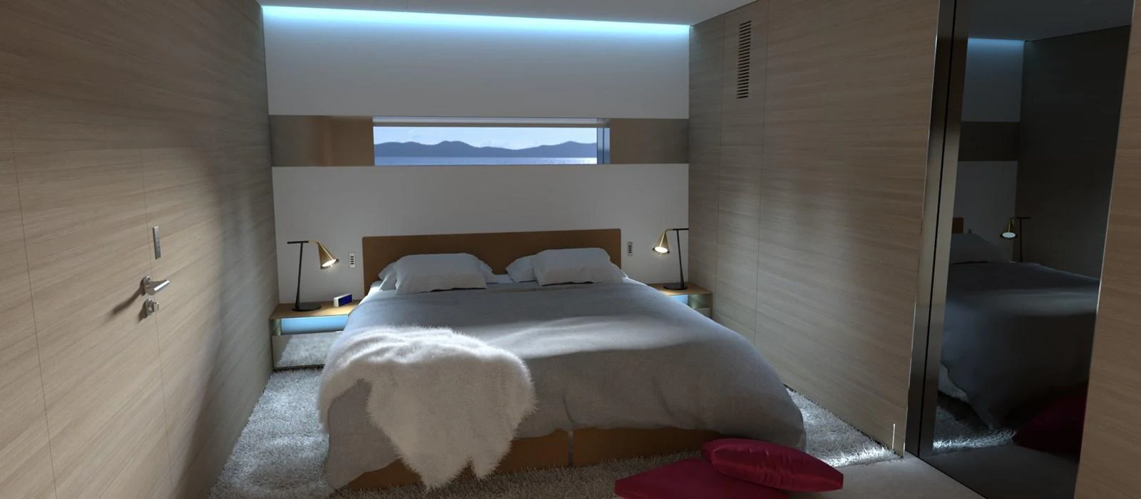A luxurious stateroom with a large bed and modern lighting. aboard NOVA 40 Yacht for Sale