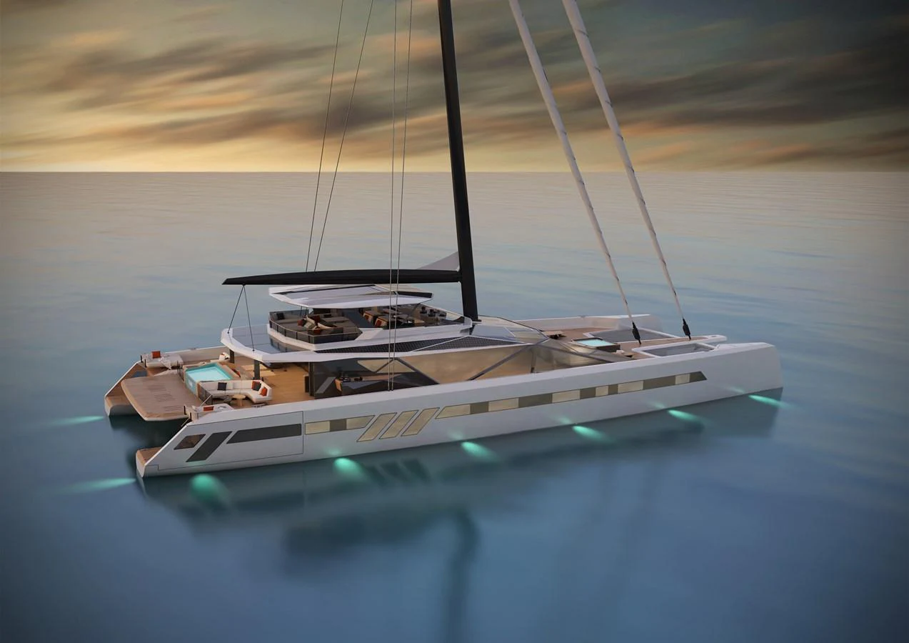 A sleek, modern catamaran yacht with elegant lines and ambient underwater lighting, cruising at sunset. aboard POLARIS Yacht for Sale