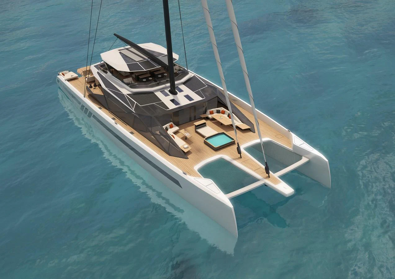 A sleek and modern catamaran yacht cruising on clear blue waters. aboard POLARIS Yacht for Sale