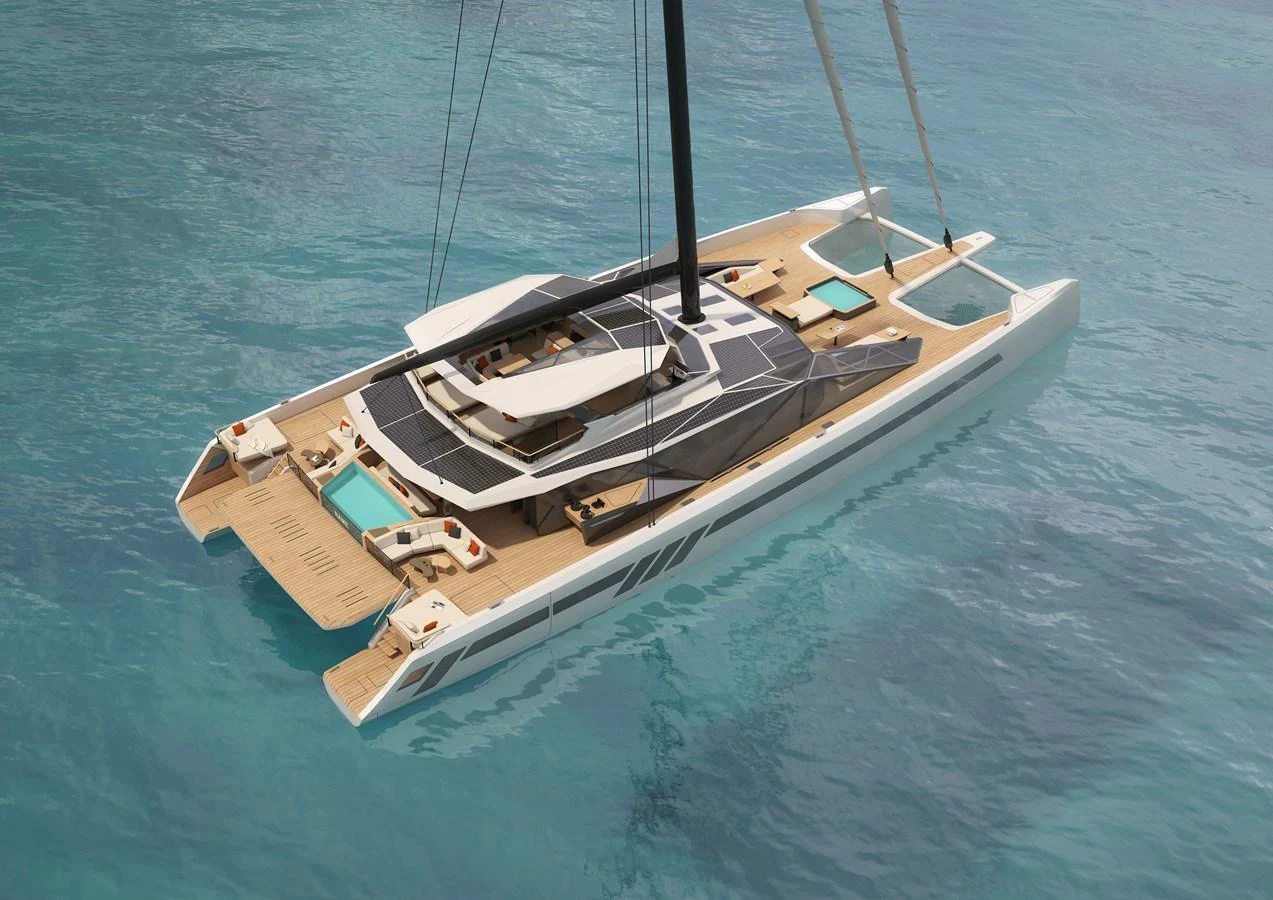 A stunning aerial view of a luxurious yacht cruising in clear blue waters. aboard POLARIS Yacht for Sale