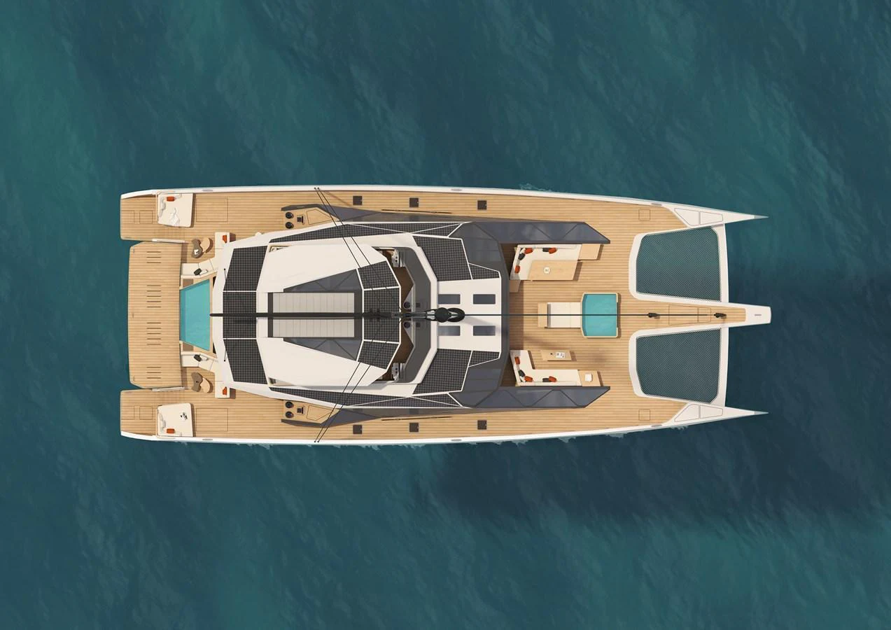 This aerial view showcases the sleek and modern design of the yacht, highlighting its spacious deck and luxurious amenities. aboard POLARIS Yacht for Sale