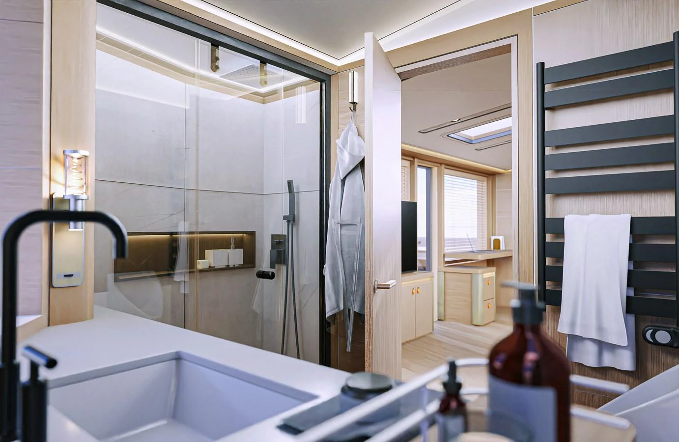 A luxurious yacht bathroom featuring modern fixtures and a spacious shower area. aboard POLARIS Yacht for Sale