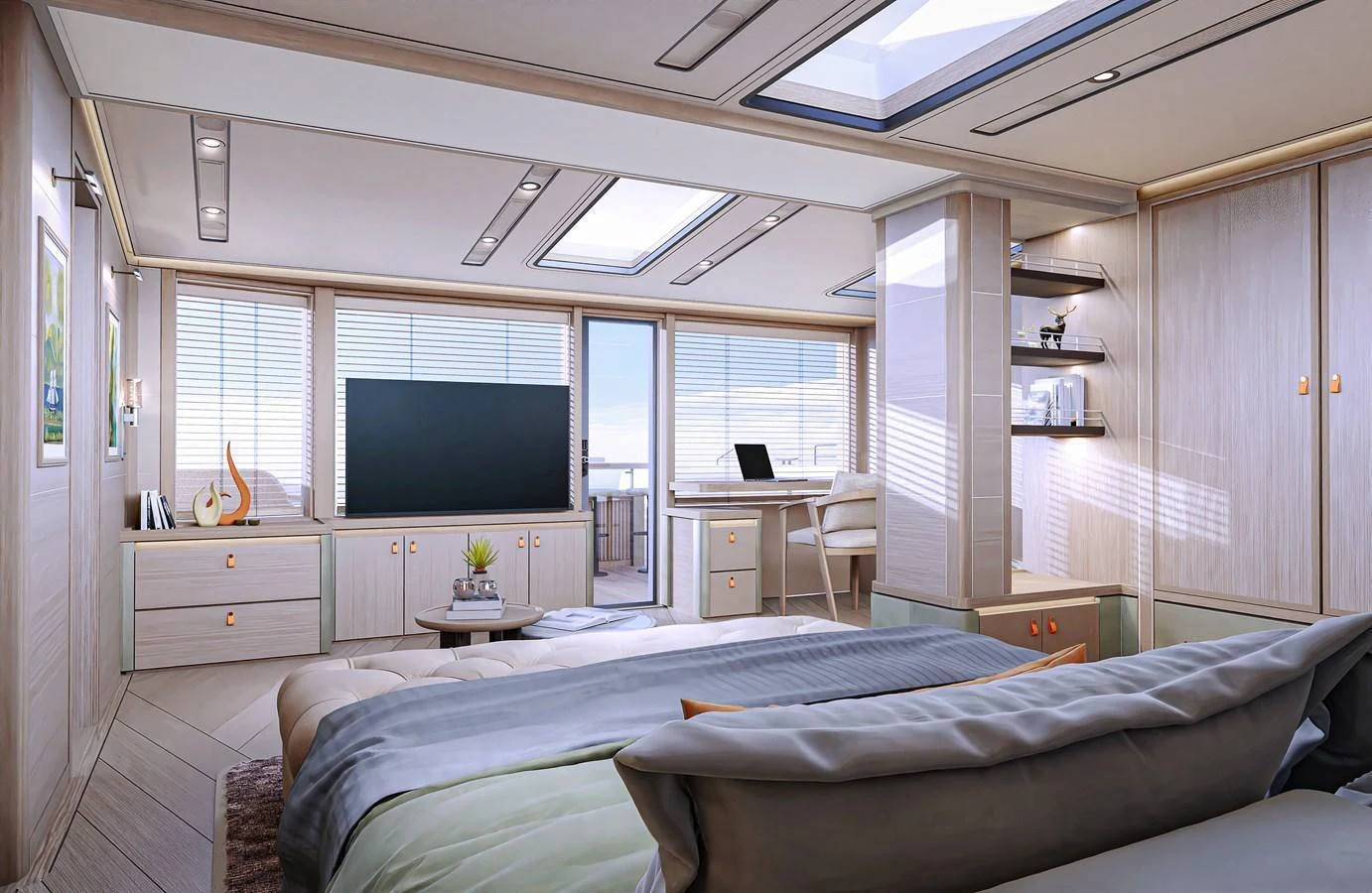 The master stateroom features a spacious layout with modern furnishings and ample natural light. aboard POLARIS Yacht for Sale