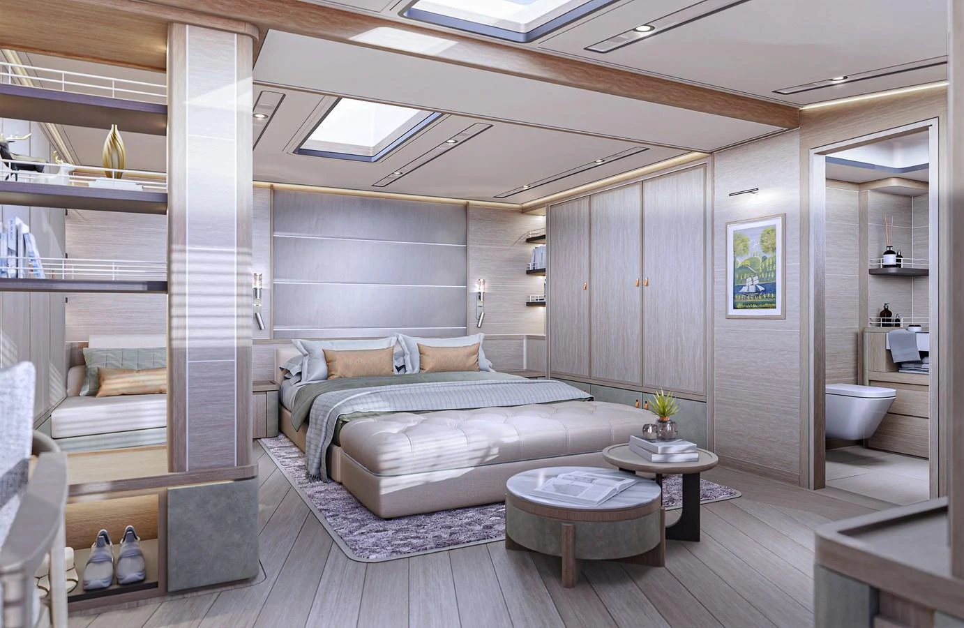 The master stateroom exudes luxury with its spacious layout and elegant design. aboard POLARIS Yacht for Sale