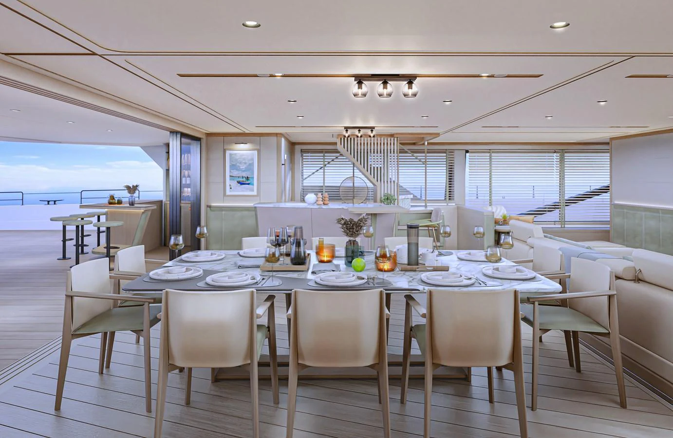 The yacht's dining area features an elegant table set for a meal, with a view of the open deck and sea beyond. aboard POLARIS Yacht for Sale