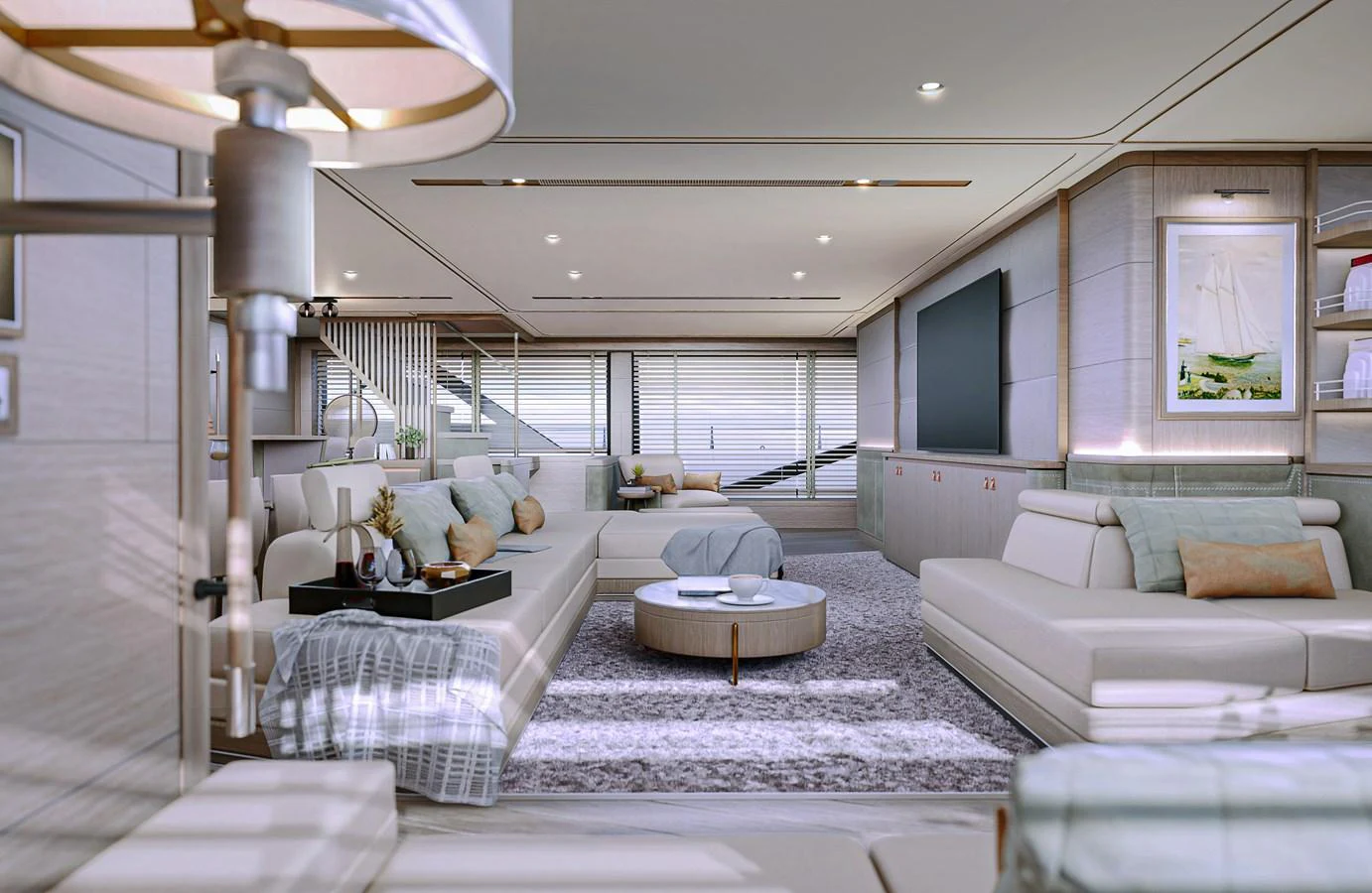 The yacht's salon offers a spacious and luxurious seating area with modern decor and ample natural light. aboard POLARIS Yacht for Sale