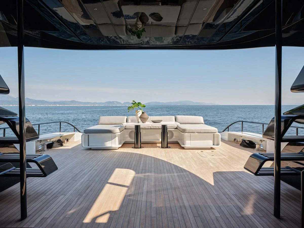 The spacious aft deck offers luxurious seating with stunning ocean views. aboard AB 110 Yacht for Sale