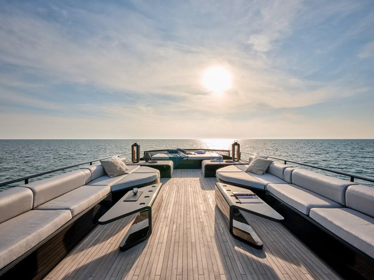 The sundeck offers a spacious and luxurious area for relaxation with panoramic ocean views. aboard AB 110 Yacht for Sale