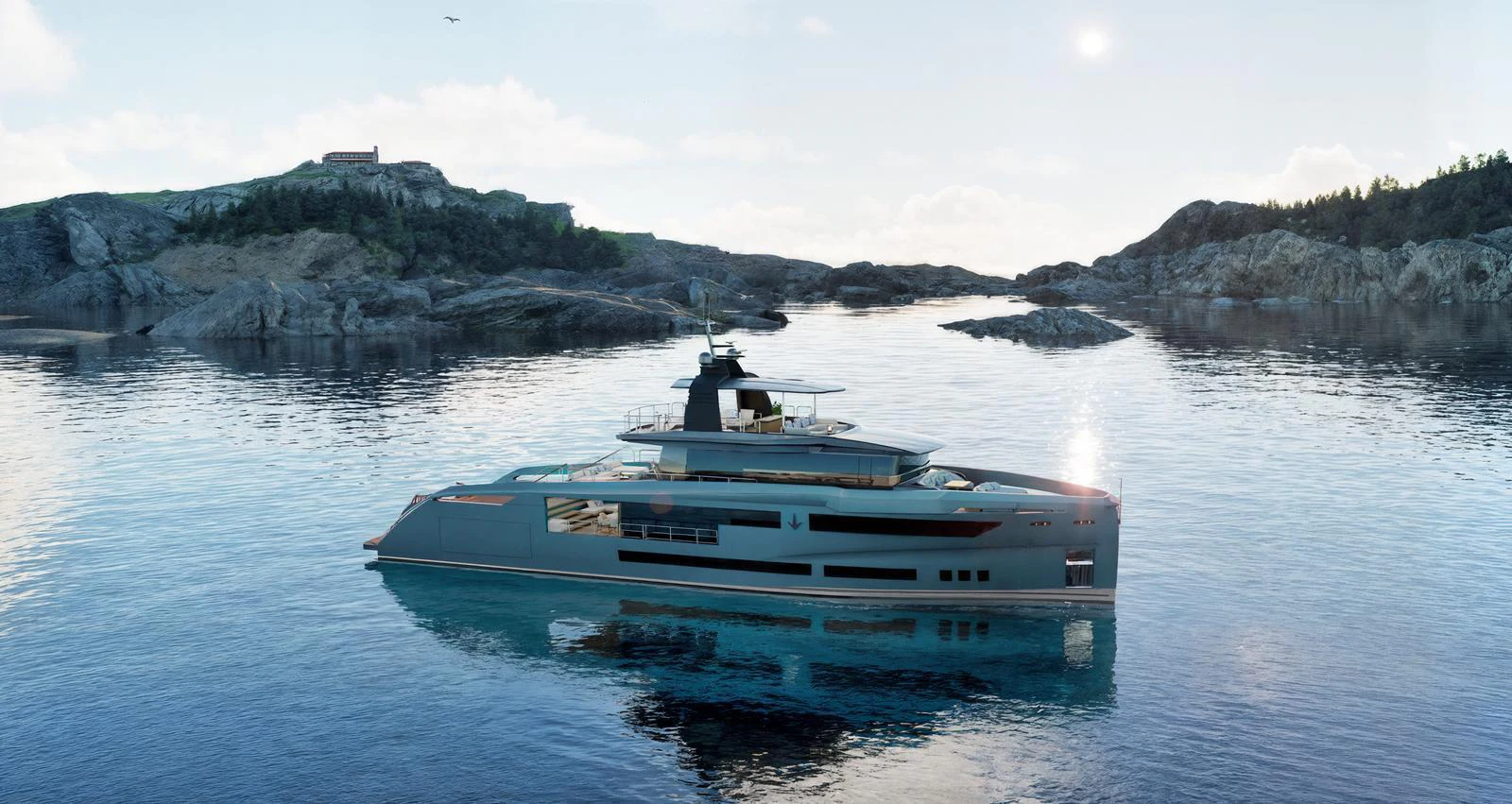 A sleek and modern yacht cruising through calm waters surrounded by rocky islands. aboard ANTONINI NAVI SUY 110 Yacht for Sale