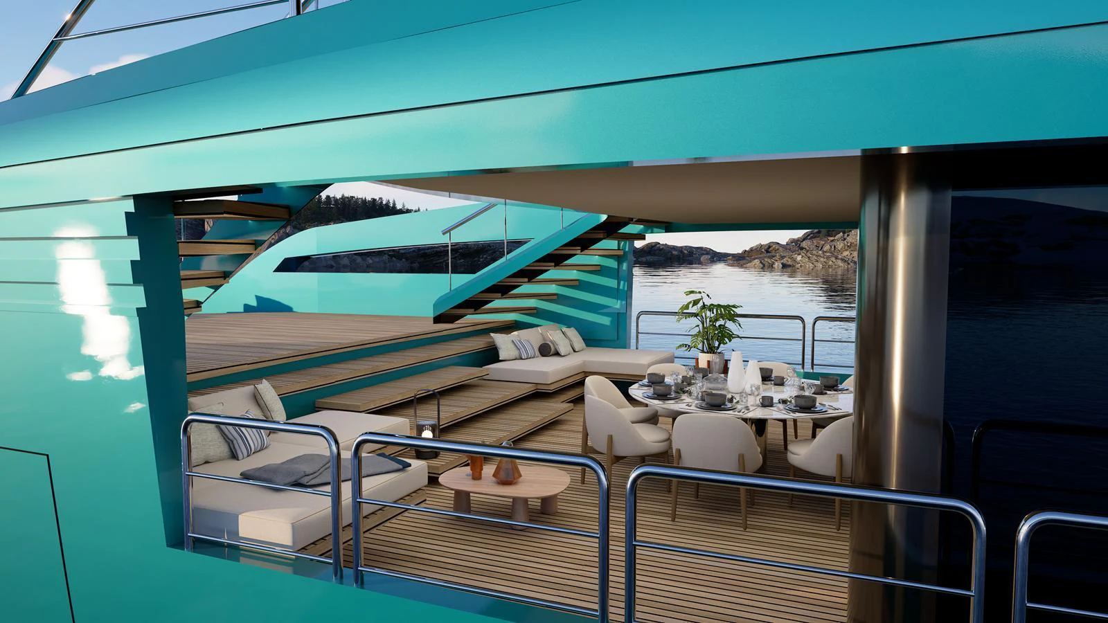 The aft deck features a luxurious outdoor dining area with comfortable seating and scenic views. aboard ANTONINI NAVI SUY 110 Yacht for Sale