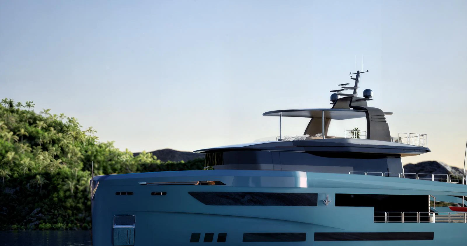 A sleek and modern yacht is docked against a backdrop of lush greenery and calm waters. aboard ANTONINI NAVI SUY 110 Yacht for Sale