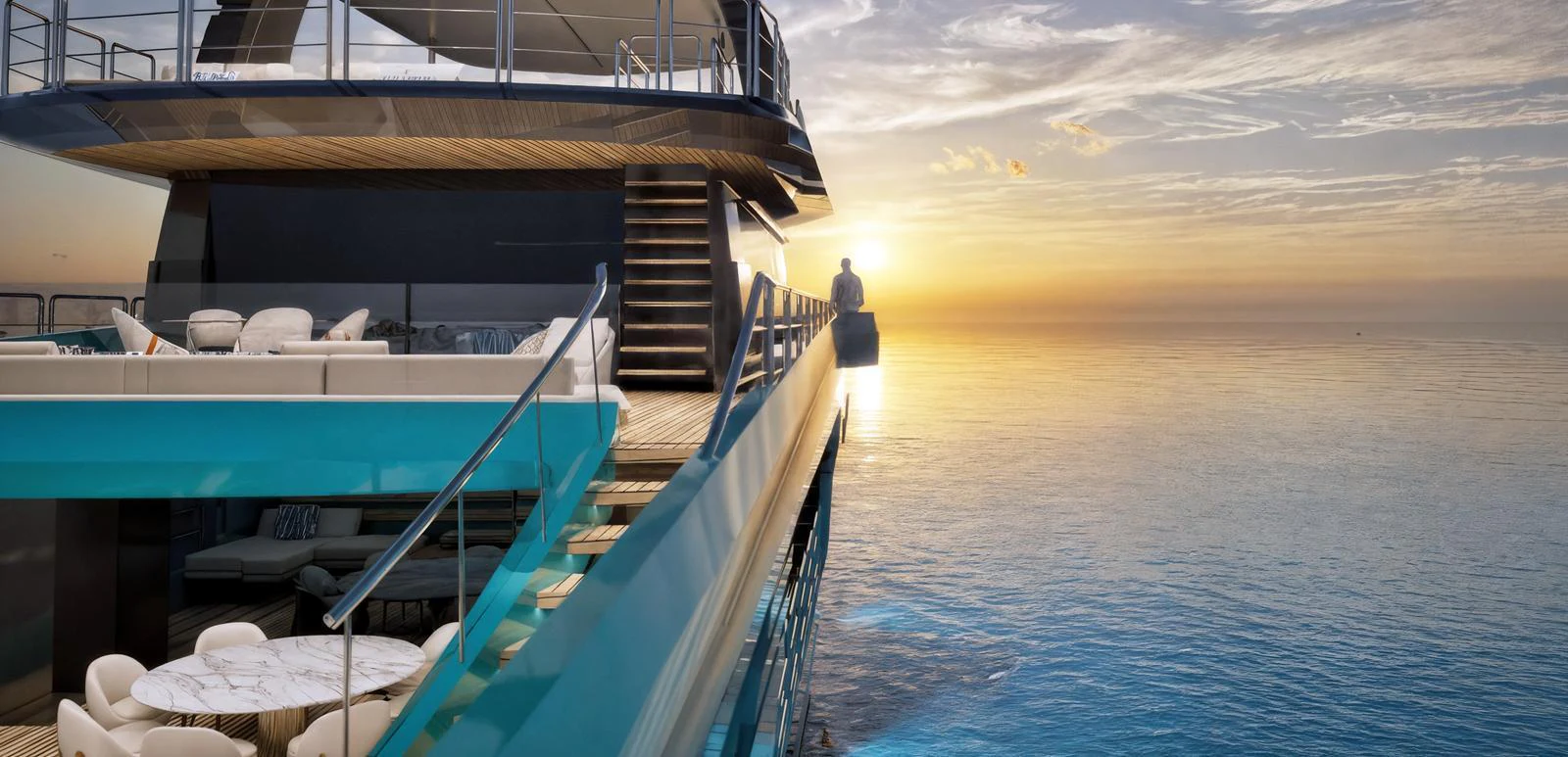 The yacht's aft deck offers luxurious outdoor seating with stunning ocean views at sunset. aboard ANTONINI NAVI SUY 110 Yacht for Sale