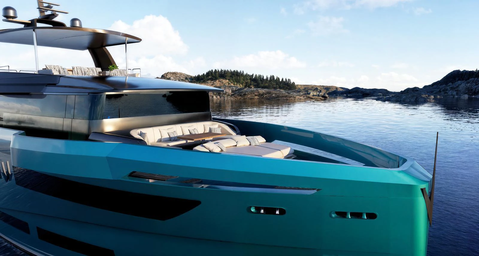 A sleek, modern yacht with a turquoise hull is anchored in a serene, rocky coastal area. aboard ANTONINI NAVI SUY 110 Yacht for Sale