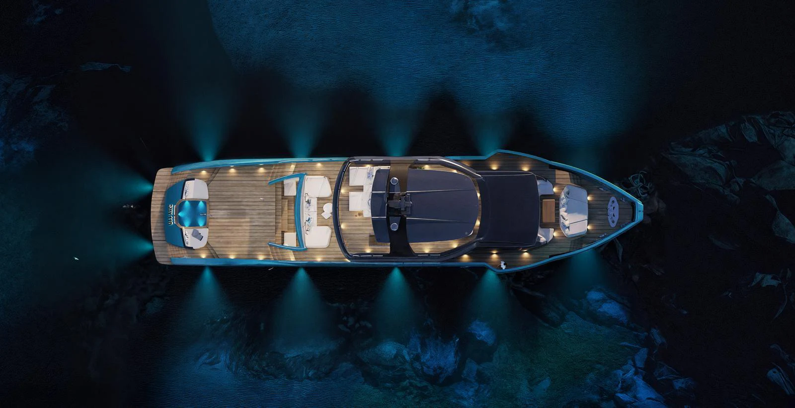 A stunning overhead view of a yacht illuminated by ambient lighting against a dark water backdrop. aboard ANTONINI NAVI SUY 110 Yacht for Sale
