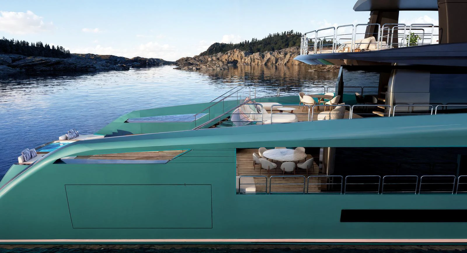 The yacht's aft deck features elegant outdoor dining and lounging areas with scenic views. aboard ANTONINI NAVI SUY 110 Yacht for Sale