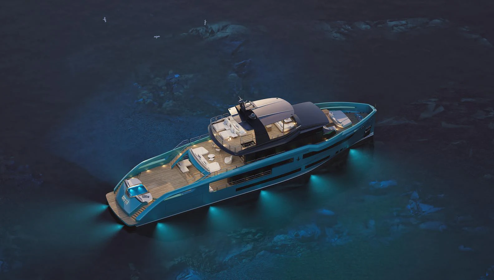 A sleek and modern yacht illuminated beautifully against the dark waters. aboard ANTONINI NAVI SUY 110 Yacht for Sale