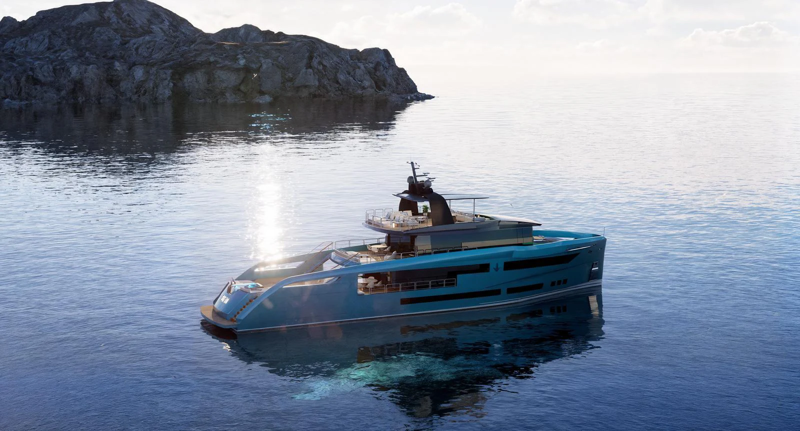 A sleek and modern yacht cruises gracefully on calm waters near a rocky coastline. aboard ANTONINI NAVI SUY 110 Yacht for Sale