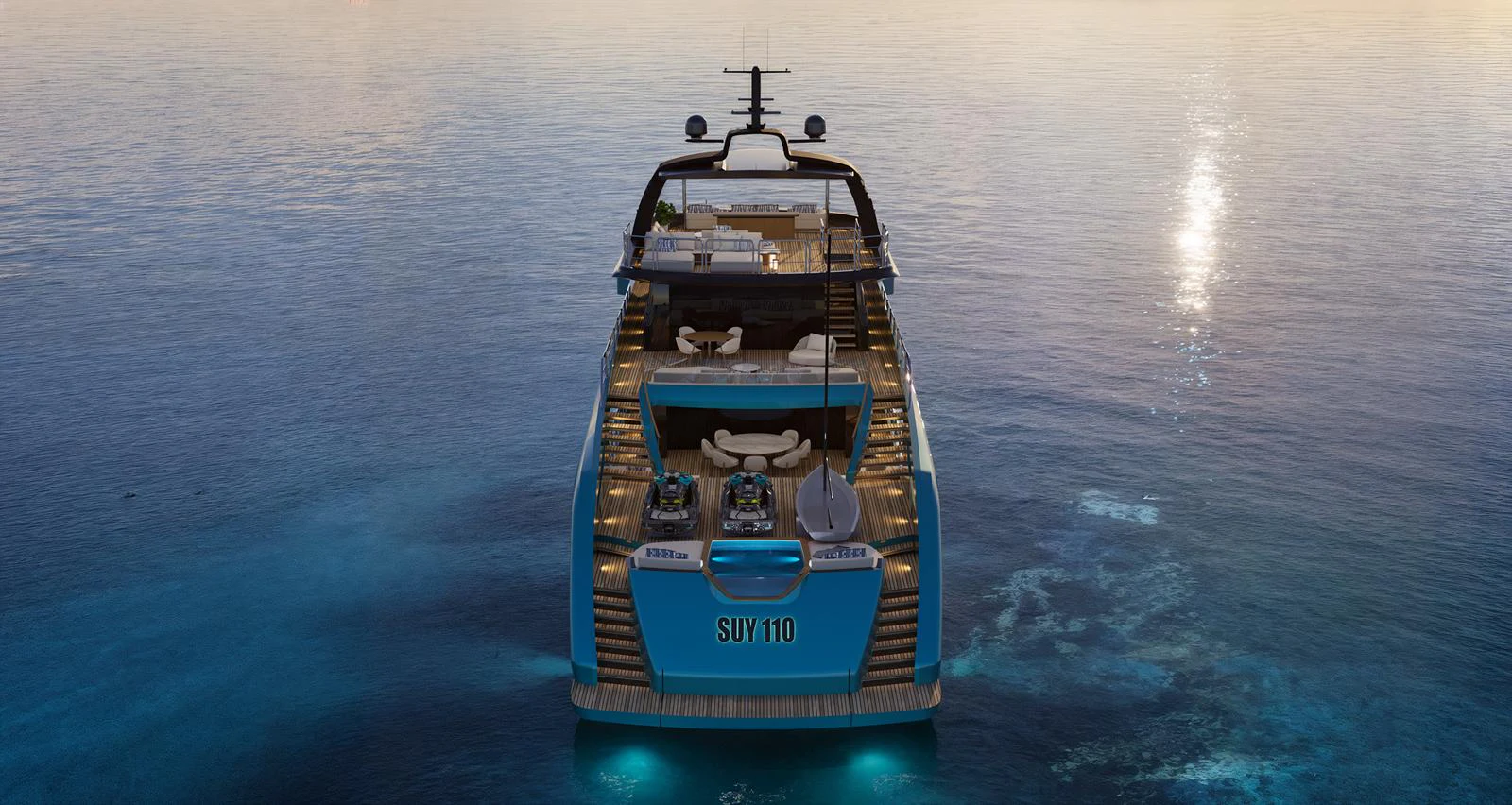 A luxurious yacht is seen from the rear, showcasing its elegant design and inviting outdoor spaces as it floats on serene waters at sunset. aboard ANTONINI NAVI SUY 110 Yacht for Sale