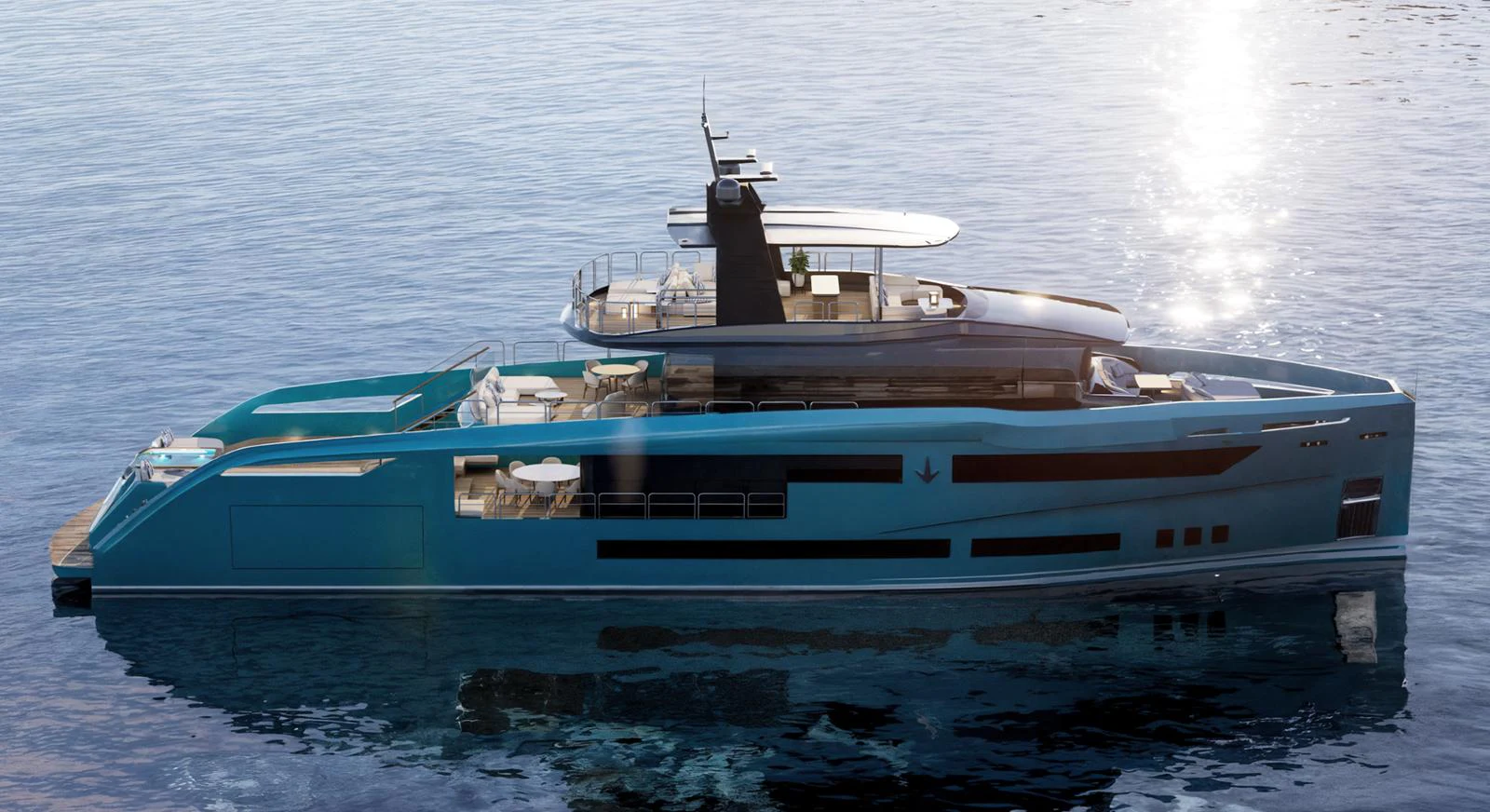 A sleek, modern yacht with a striking turquoise hull glides gracefully on calm waters. aboard ANTONINI NAVI SUY 110 Yacht for Sale