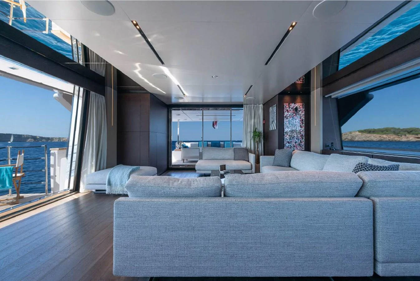 The salon offers a spacious and modern living area with panoramic views of the sea. aboard ON Yacht for Sale